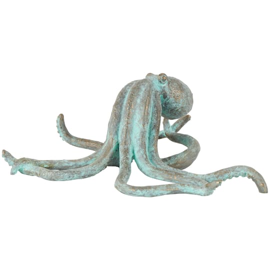 12&#x22; Blue Polystone Octopus Distressed Patina Sculpture with Gold Foil Accents